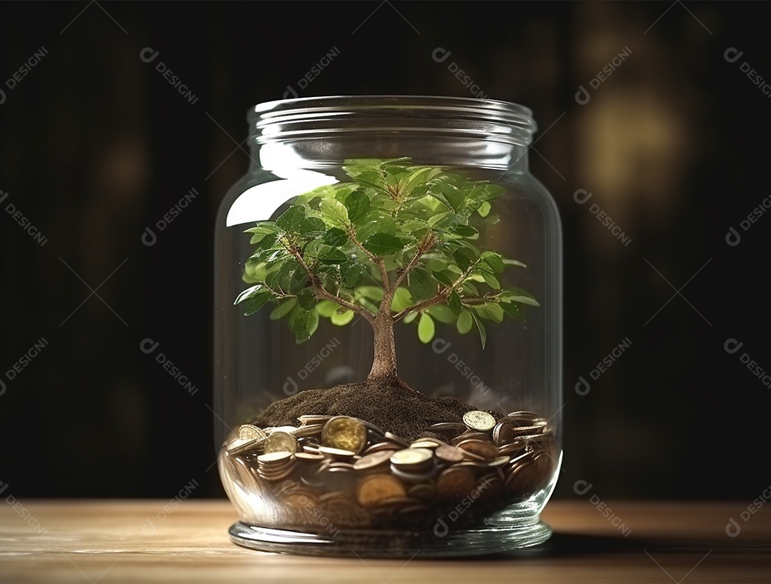 Moedas e bonsai dentro de um Frasco de vidro.