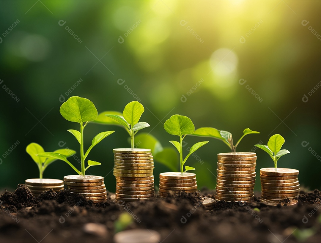 Mudas crescendo sobre pilhas de moedas.