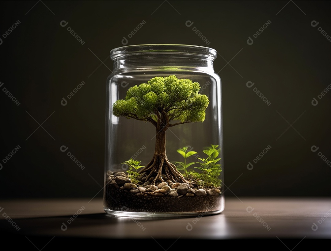 Moedas e bonsai dentro de um Frasco de vidro.