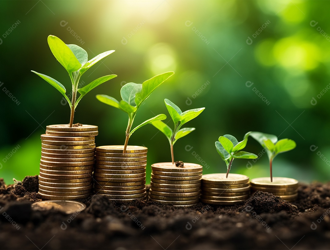 Mudas crescendo sobre pilhas de moedas.