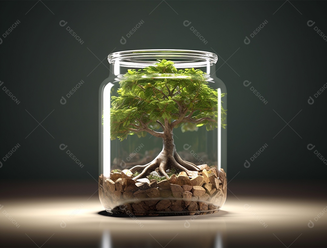 Moedas e bonsai dentro de um Frasco de vidro.