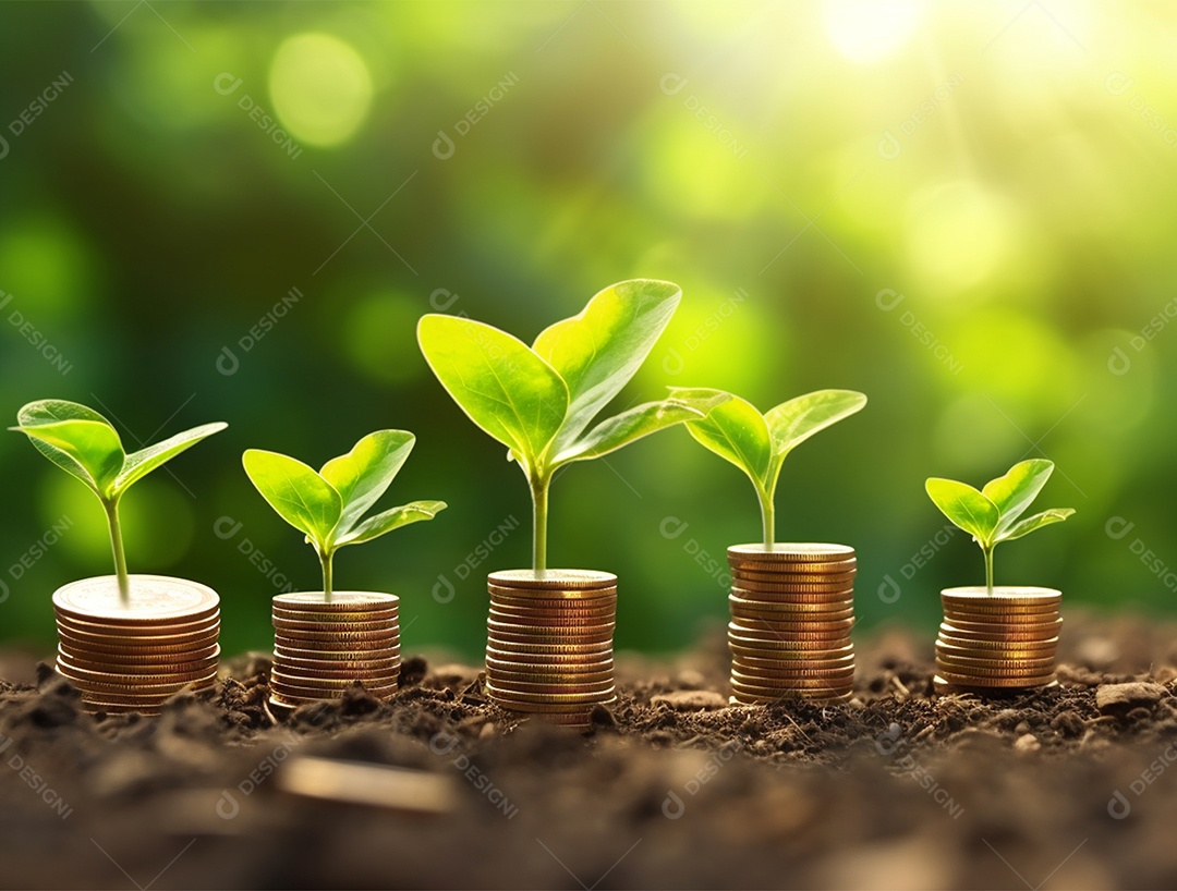 Mudas crescendo sobre pilhas de moedas.