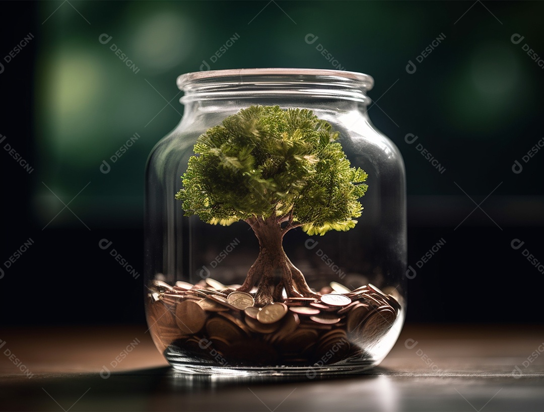Moedas e bonsai dentro de um Frasco de vidro.