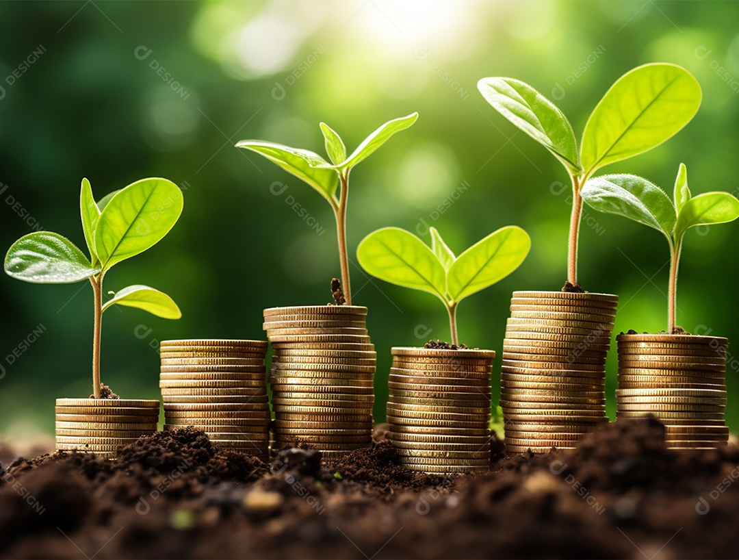 Mudas crescendo sobre pilhas de moedas.