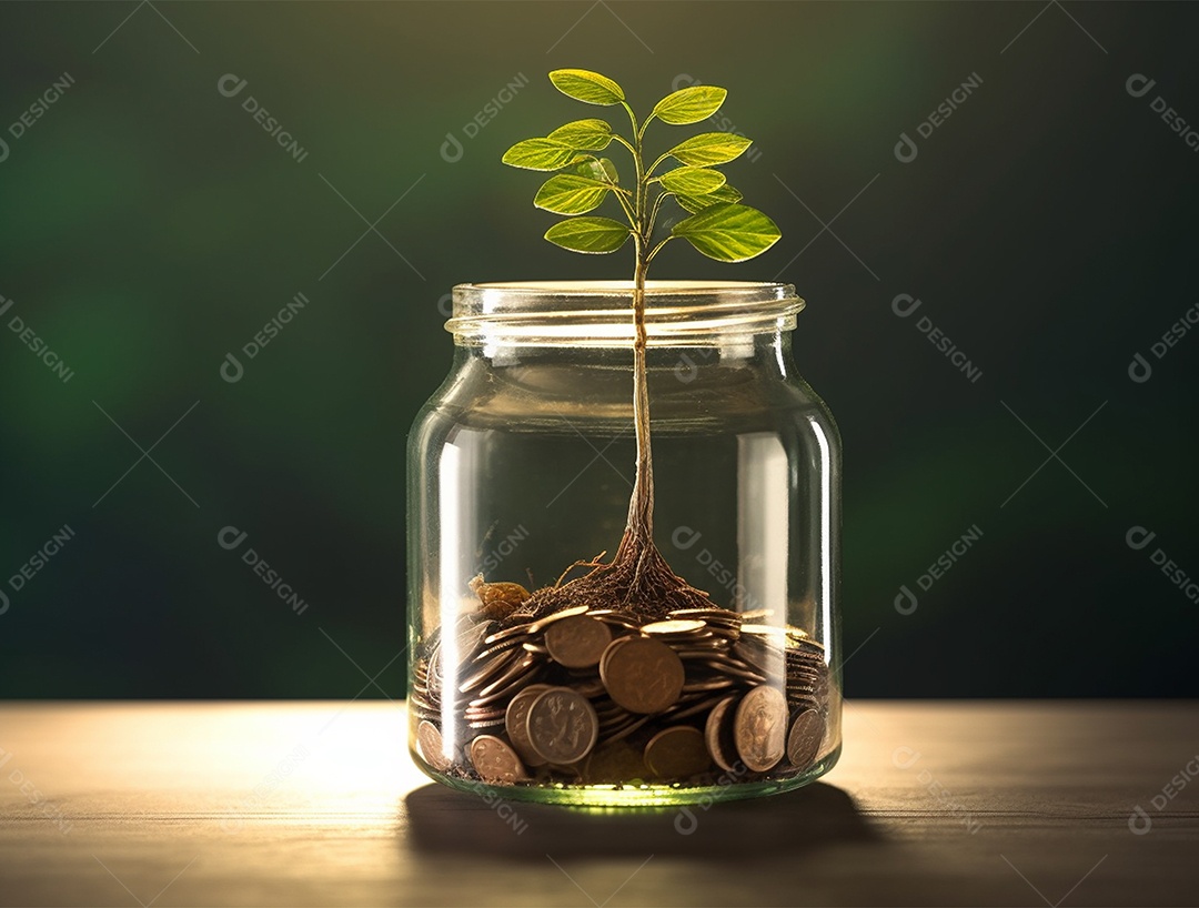 Moedas e bonsai dentro de um Frasco de vidro.