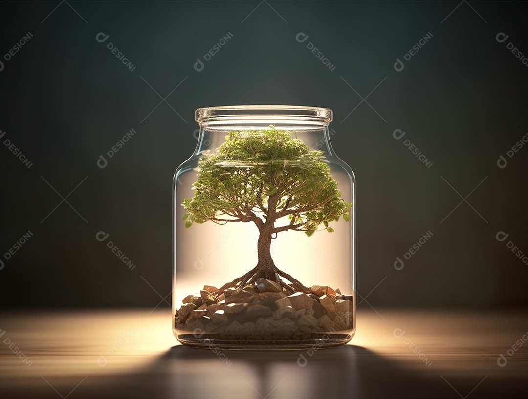 Moedas e bonsai dentro de um Frasco de vidro.
