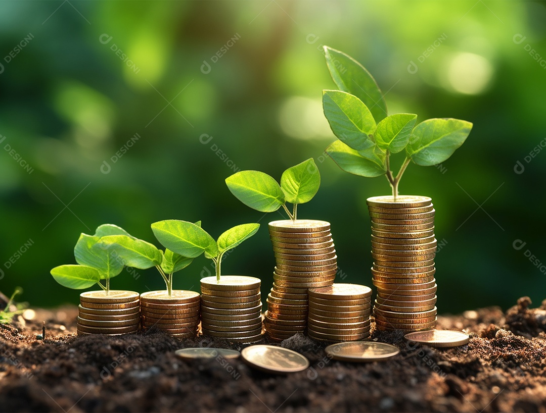 Mudas crescendo sobre pilhas de moedas.