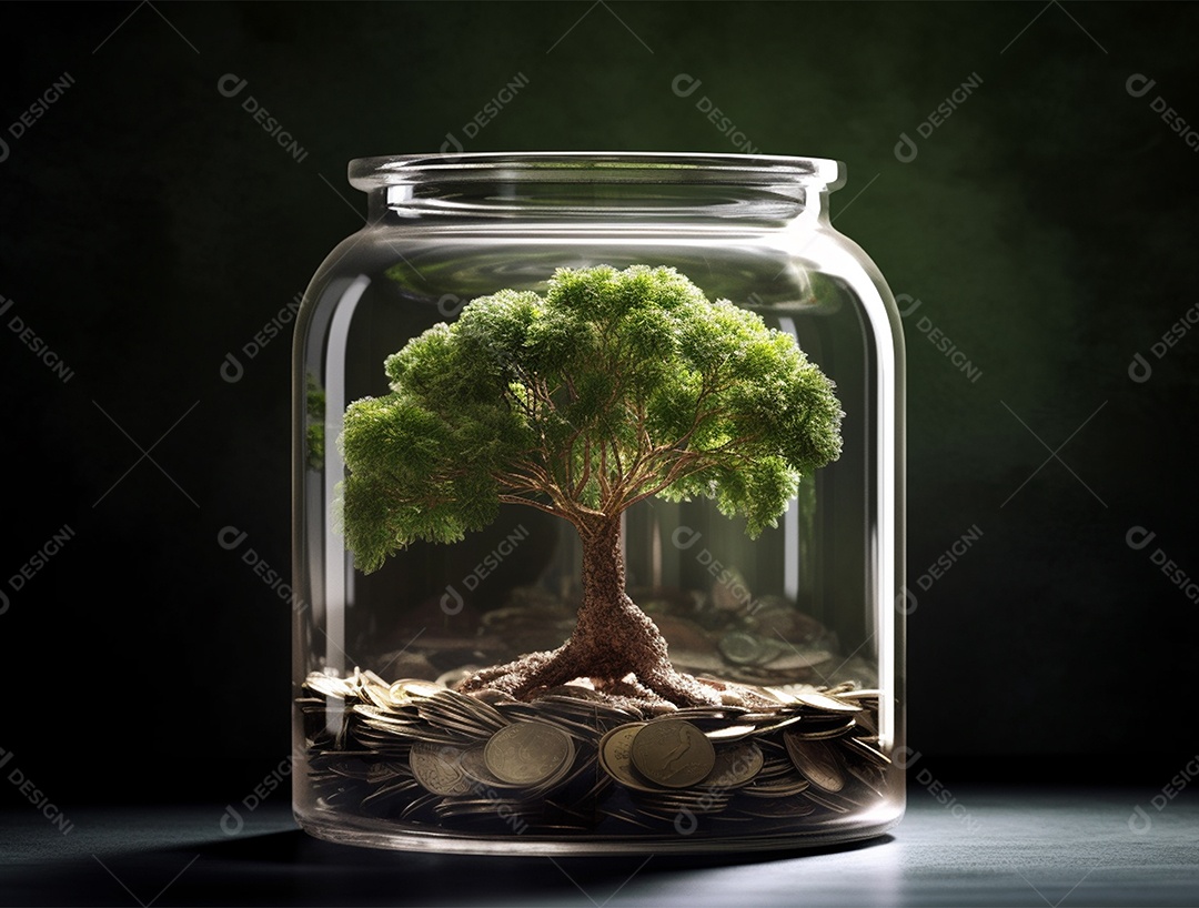 Moedas e bonsai dentro de um Frasco de vidro.