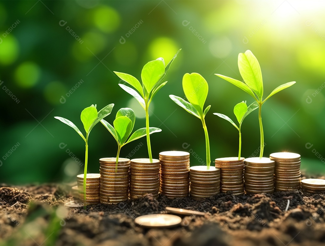 Mudas crescendo sobre pilhas de moedas.