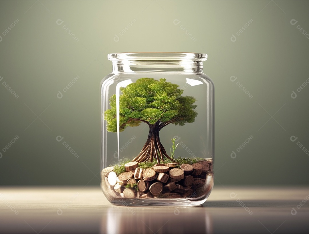 Moedas e bonsai dentro de um Frasco de vidro.