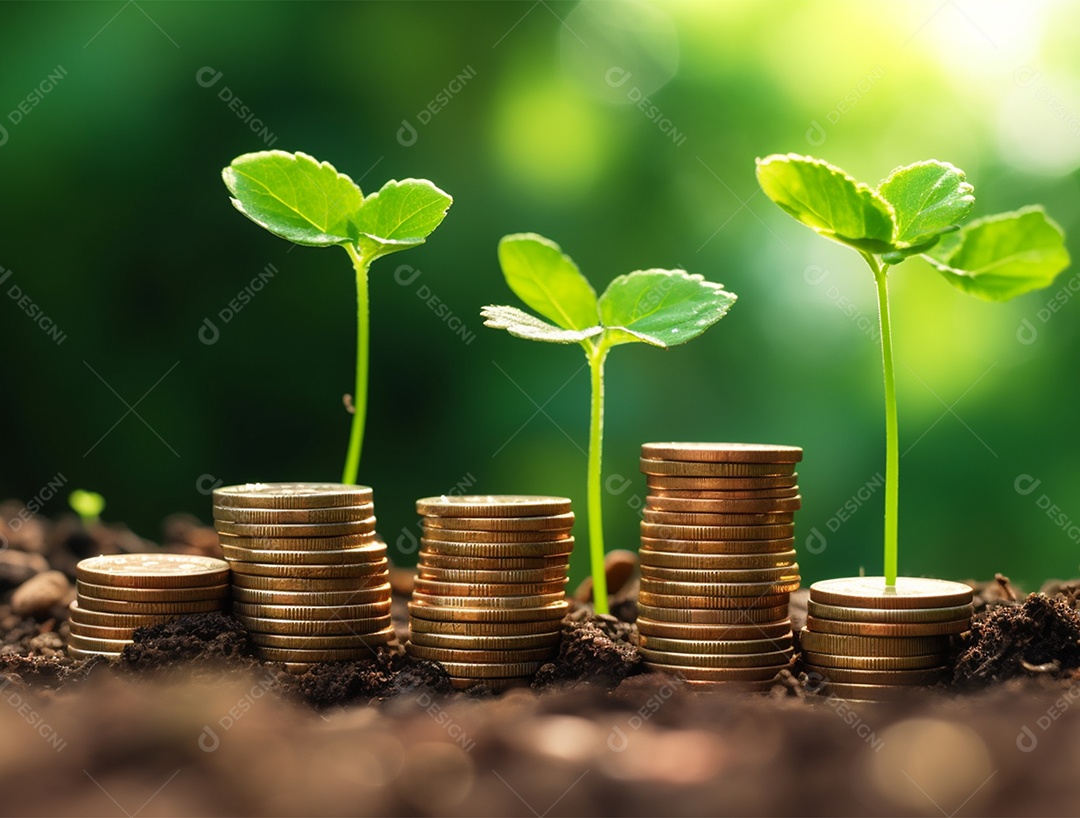 Mudas crescendo sobre pilhas de moedas.