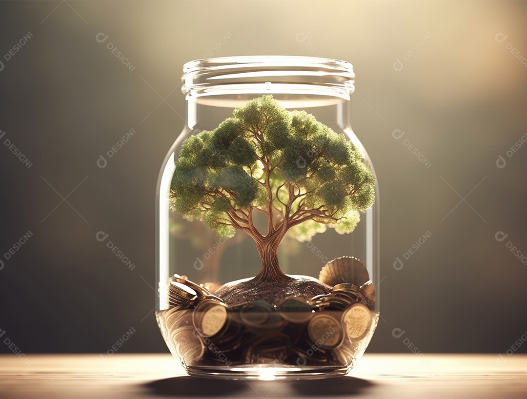 Moedas e bonsai dentro de um Frasco de vidro.