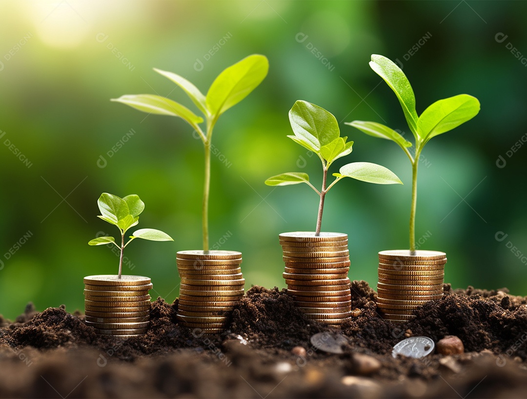 Mudas crescendo sobre pilhas de moedas.