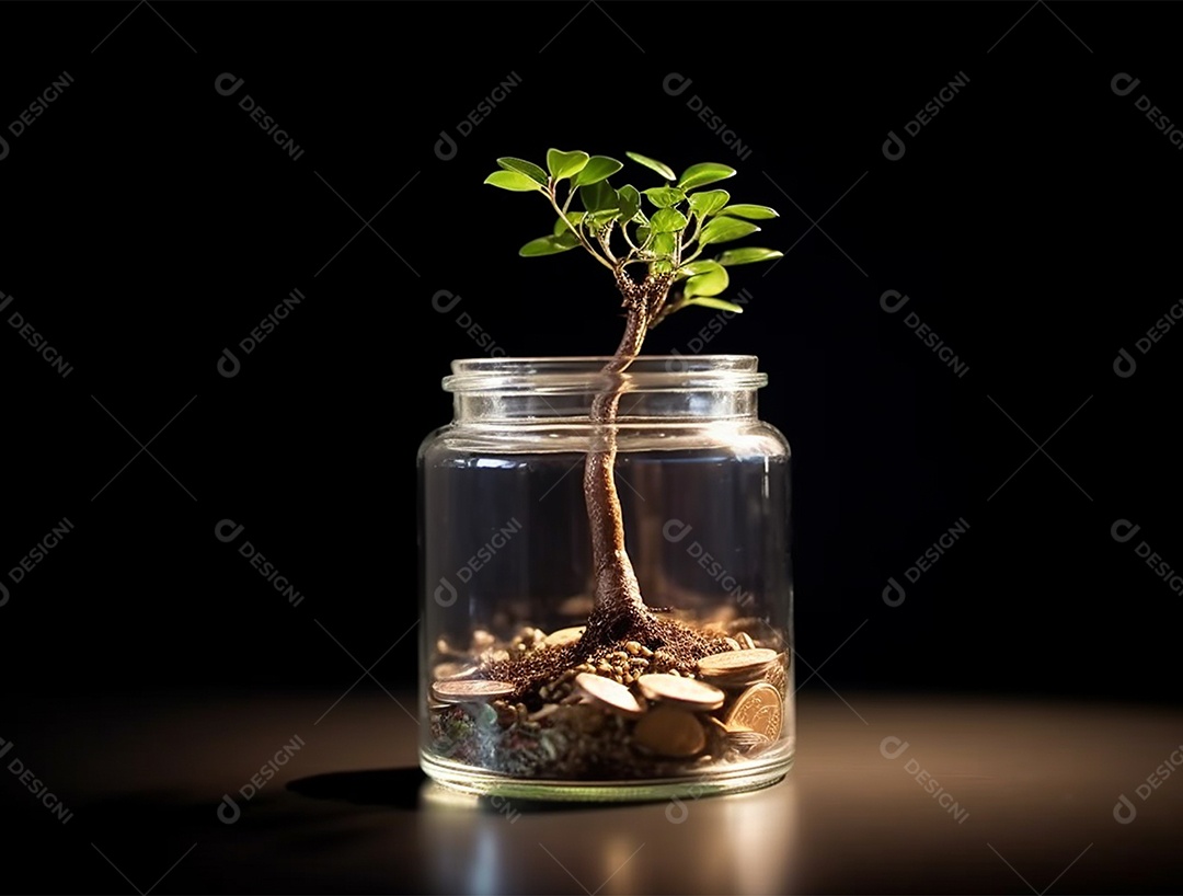 Moedas e bonsai dentro de um Frasco de vidro.