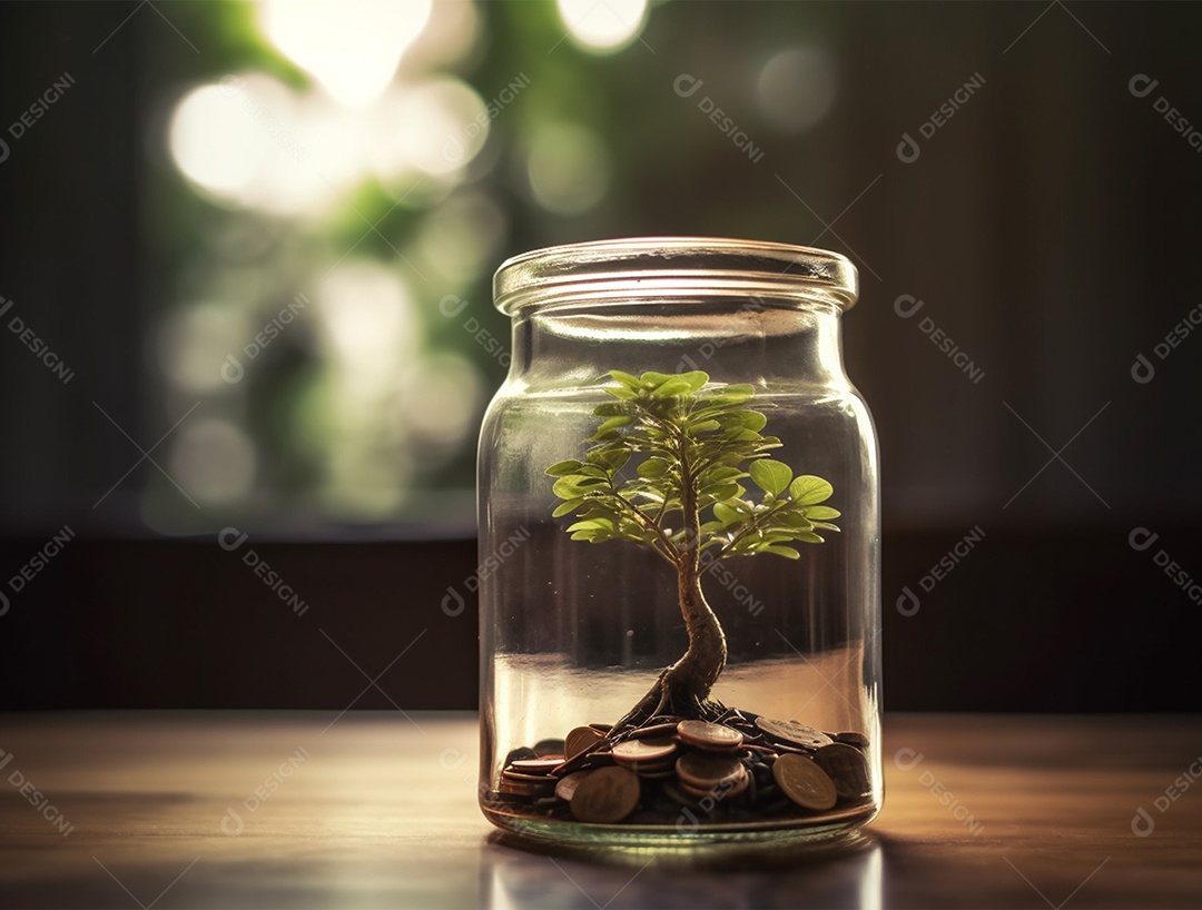 Moedas e bonsai dentro de um Frasco de vidro.