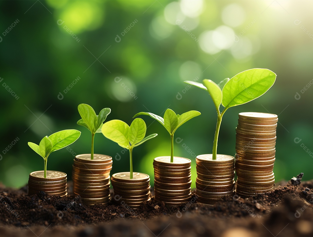 Mudas crescendo sobre pilhas de moedas.