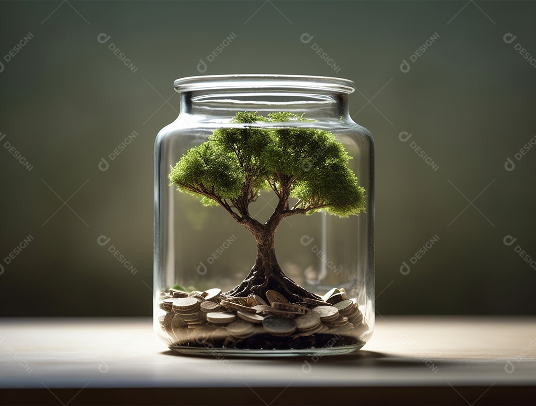 Moedas e bonsai dentro de um Frasco de vidro.