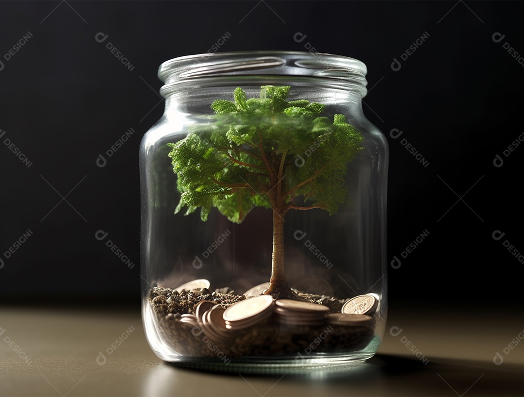 Moedas e bonsai dentro de um Frasco de vidro.