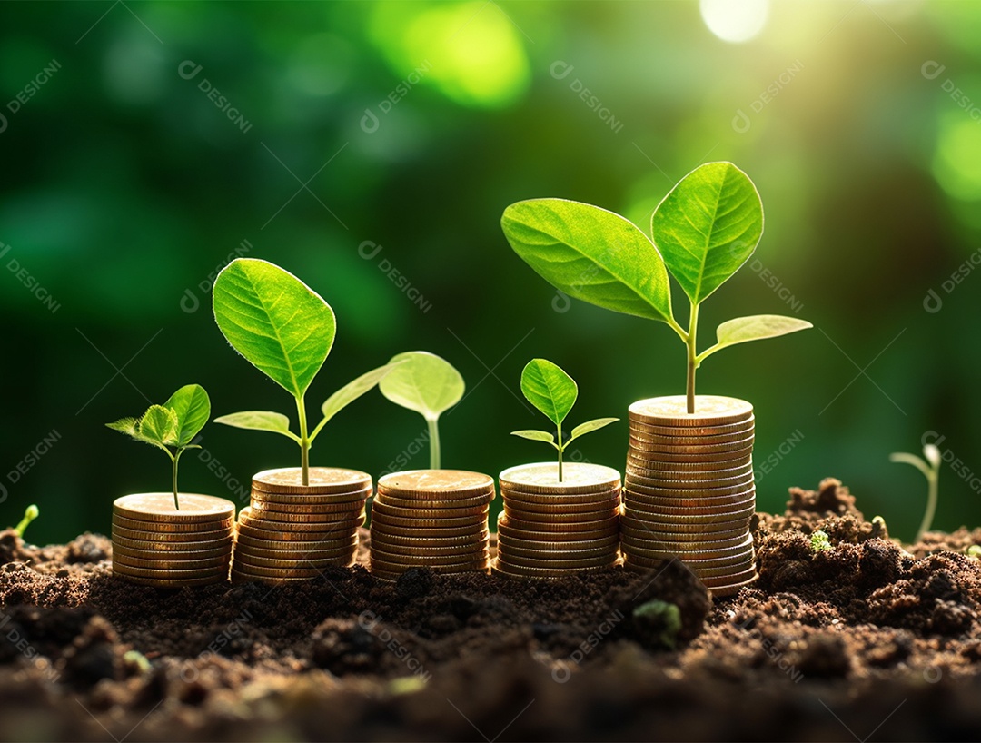 Mudas crescendo sobre pilhas de moedas.