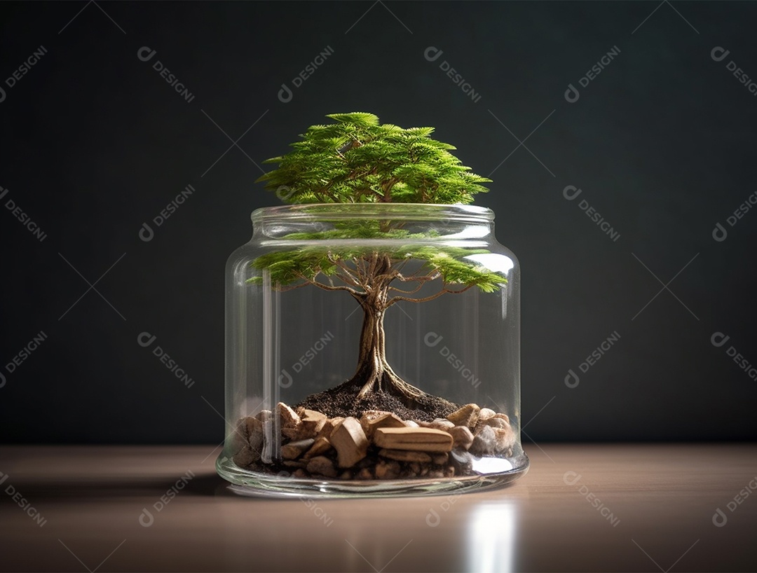 Moedas e bonsai dentro de um Frasco de vidro.
