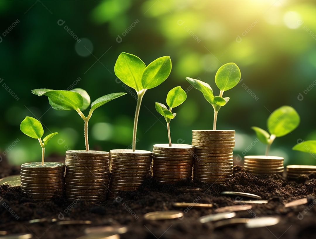 Mudas crescendo sobre pilhas de moedas.