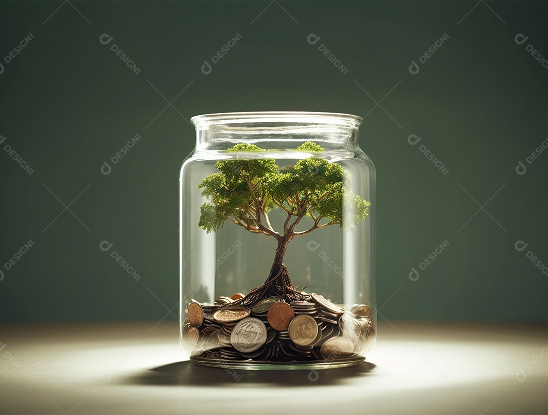 Moedas e bonsai dentro de um Frasco de vidro.