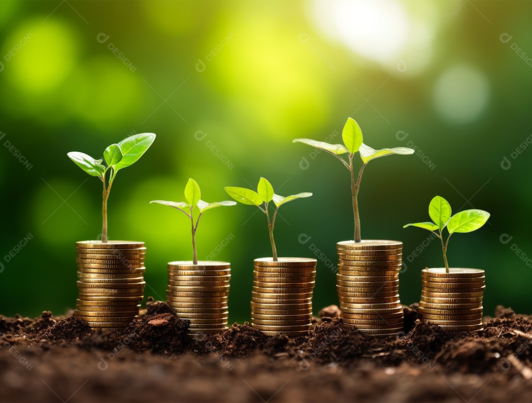 Mudas crescendo sobre pilhas de moedas.