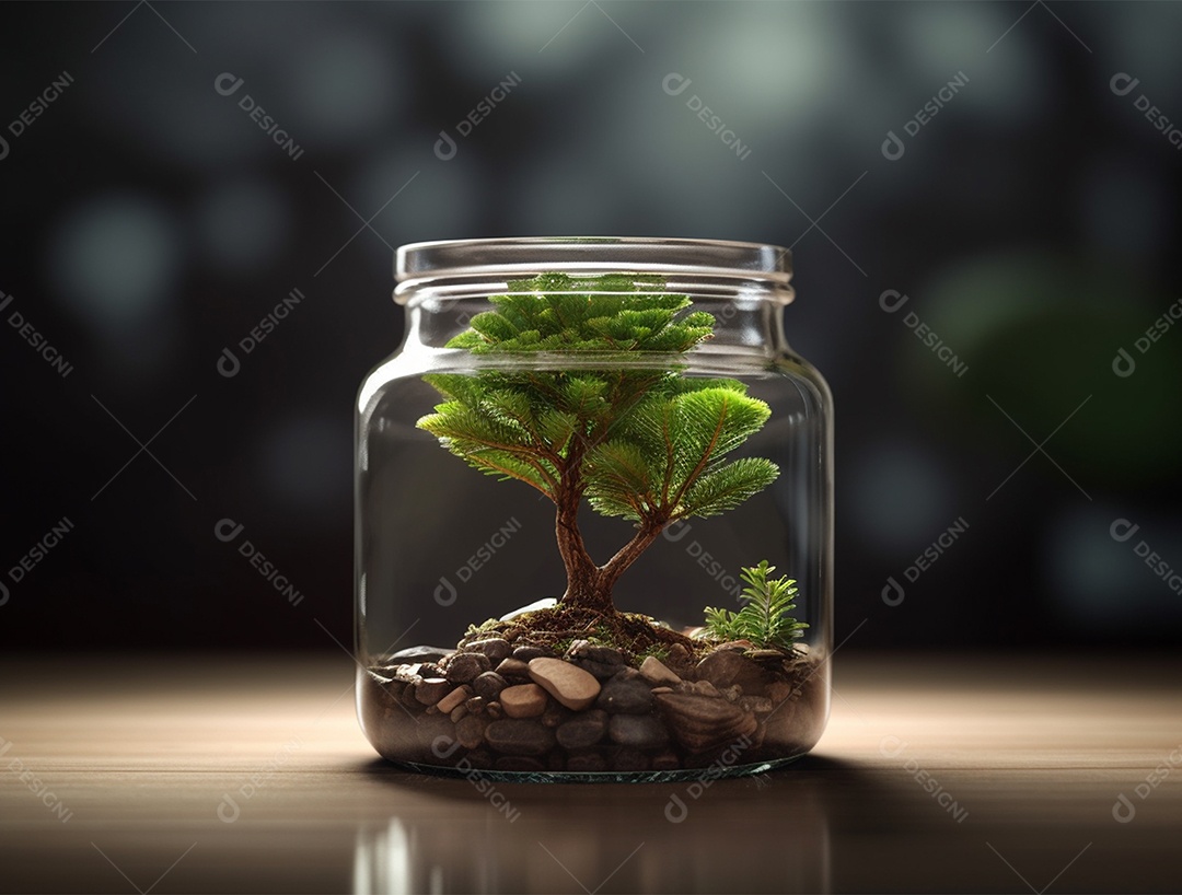 Moedas e bonsai dentro de um Frasco de vidro.