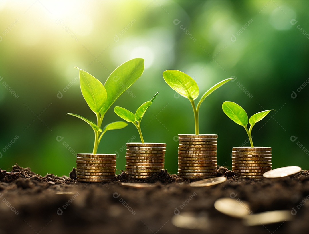 Mudas crescendo sobre pilhas de moedas.