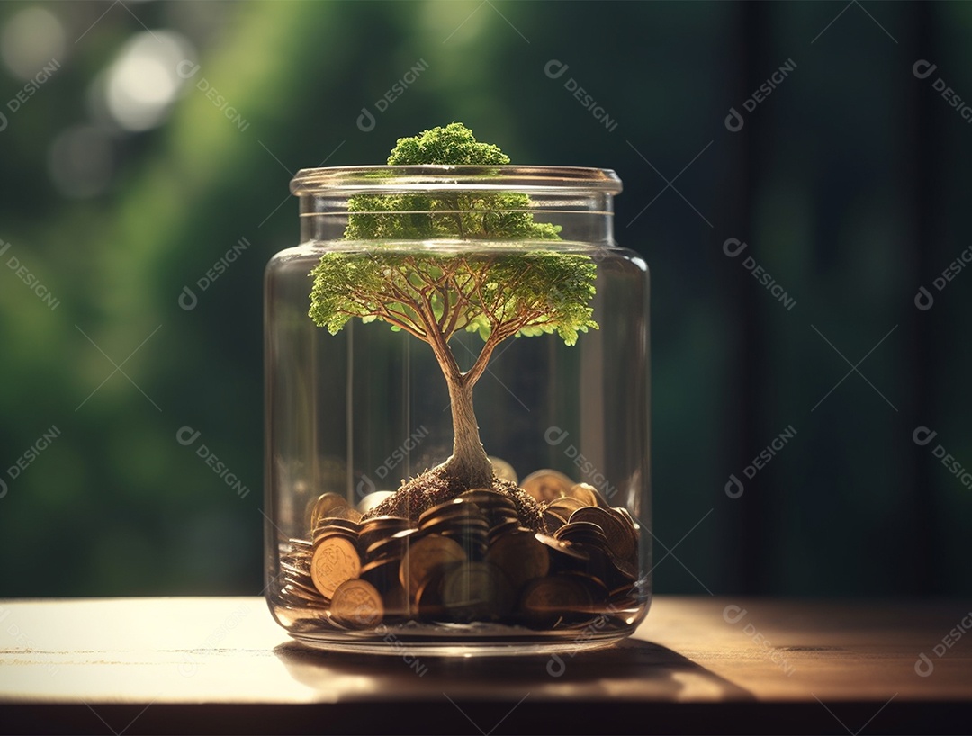Moedas e bonsai dentro de um Frasco de vidro.