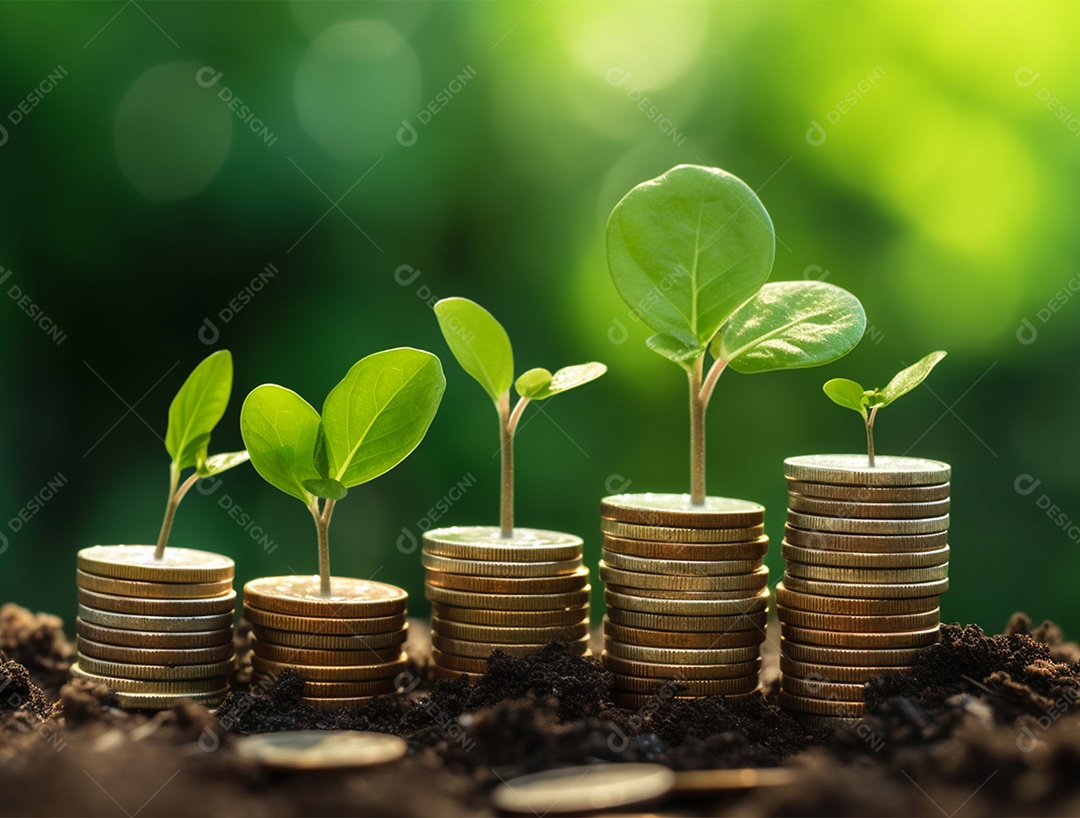 Mudas crescendo sobre pilhas de moedas.