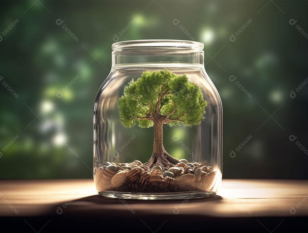 Moedas e bonsai dentro de um Frasco de vidro.