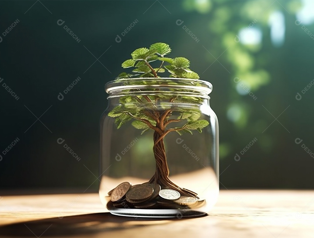 Moedas e bonsai dentro de um Frasco de vidro.