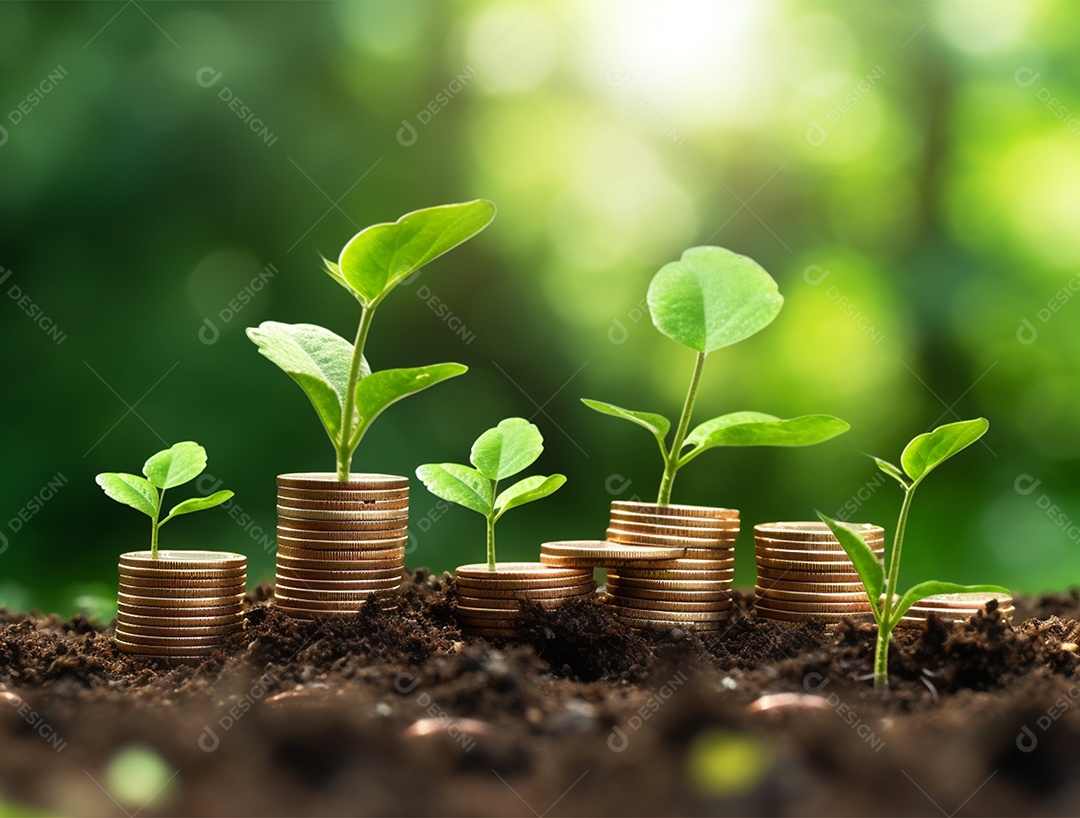 Mudas crescendo sobre pilhas de moedas.