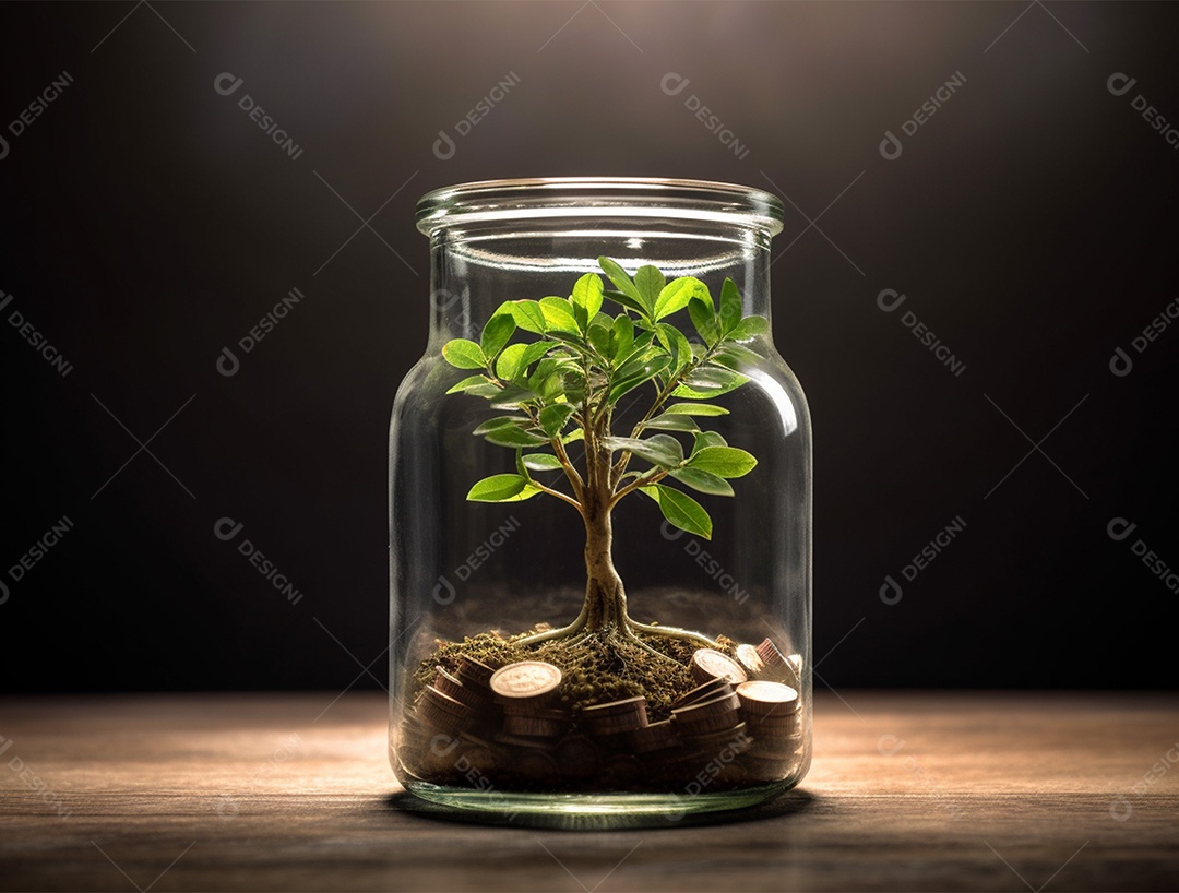 Moedas e bonsai dentro de um Frasco de vidro.