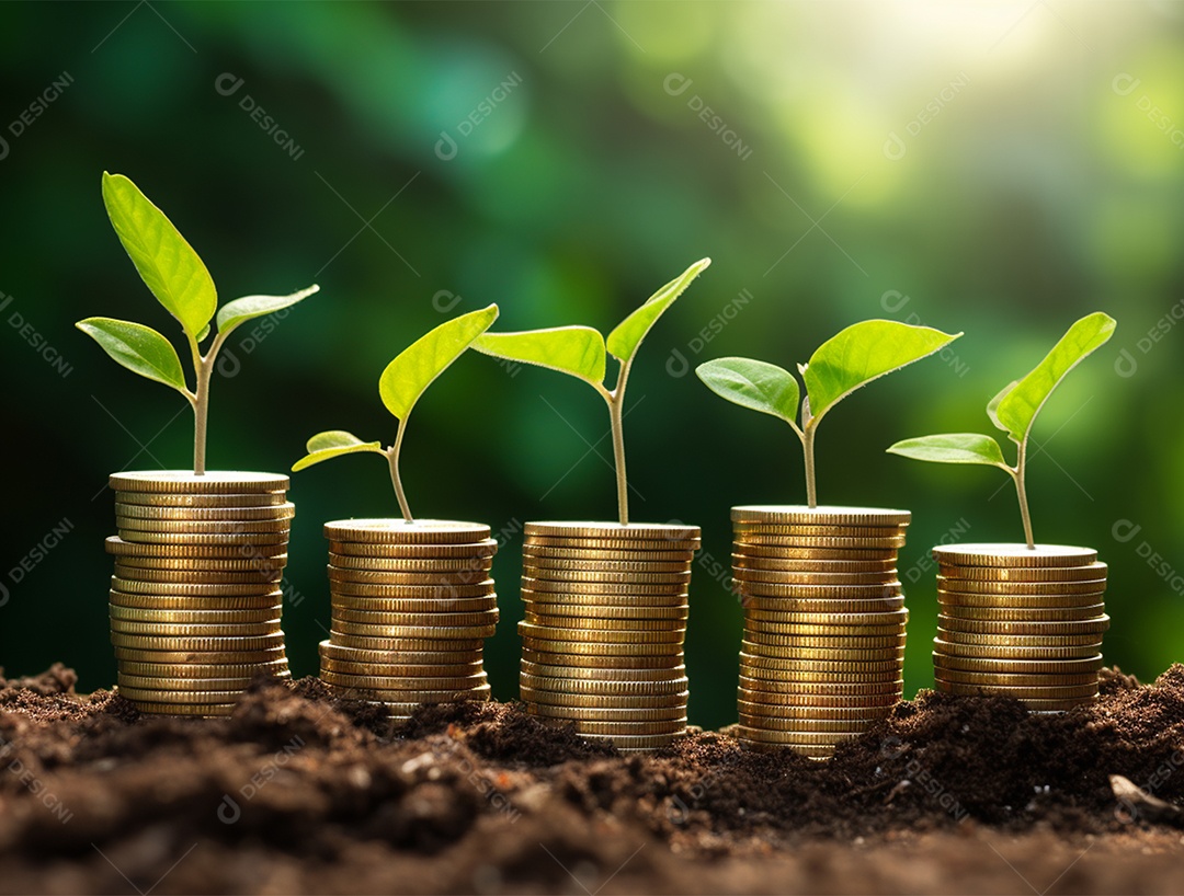 Mudas crescendo sobre pilhas de moedas.