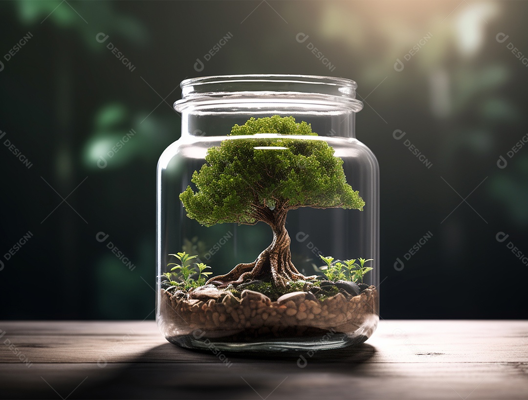 Moedas e bonsai dentro de um Frasco de vidro.