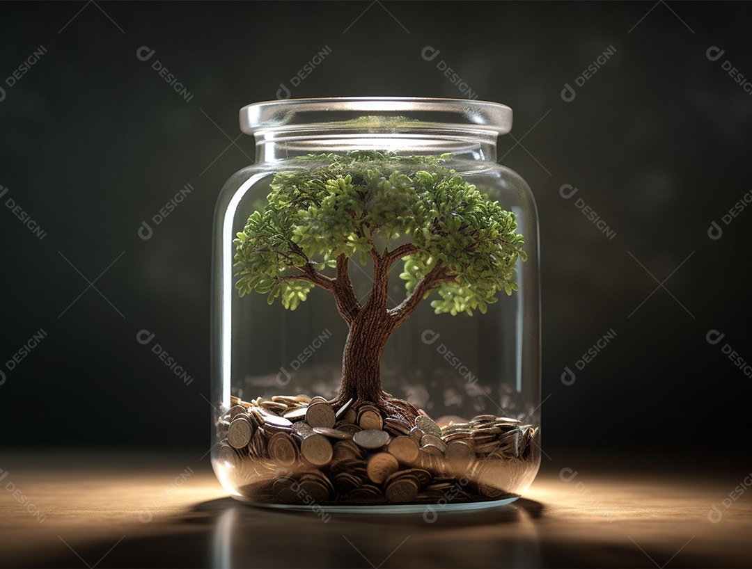 Moedas e bonsai dentro de um Frasco de vidro.