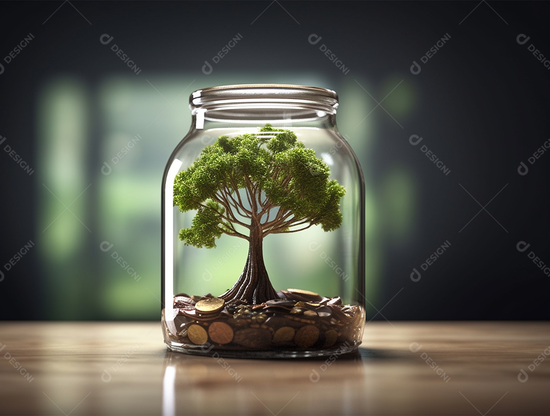 Moedas e bonsai dentro de um Frasco de vidro.