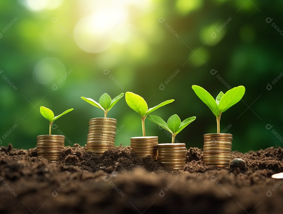 Mudas crescendo sobre pilhas de moedas.