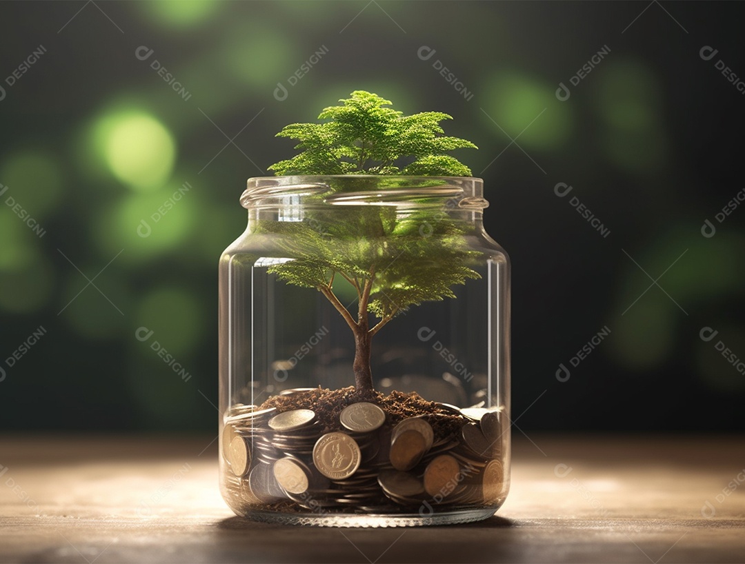 Moedas e bonsai dentro de um Frasco de vidro.