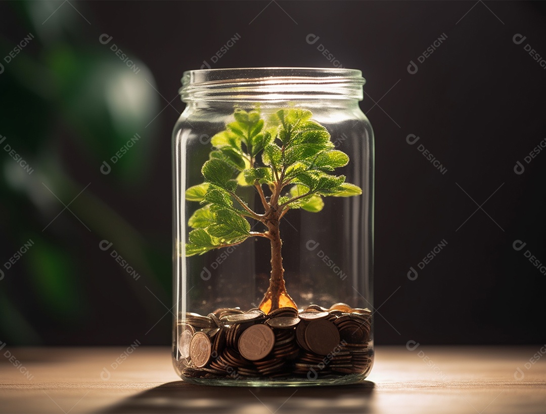 Moedas e bonsai dentro de um Frasco de vidro.