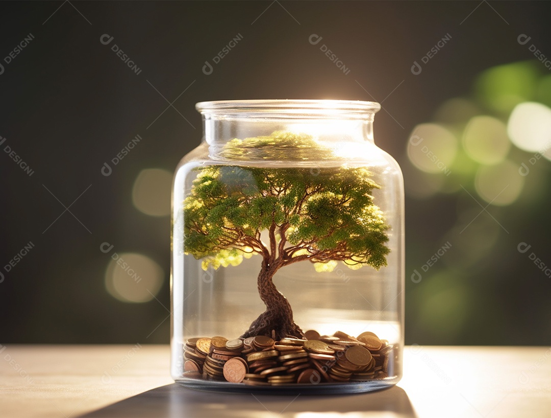 Moedas e bonsai dentro de um Frasco de vidro.