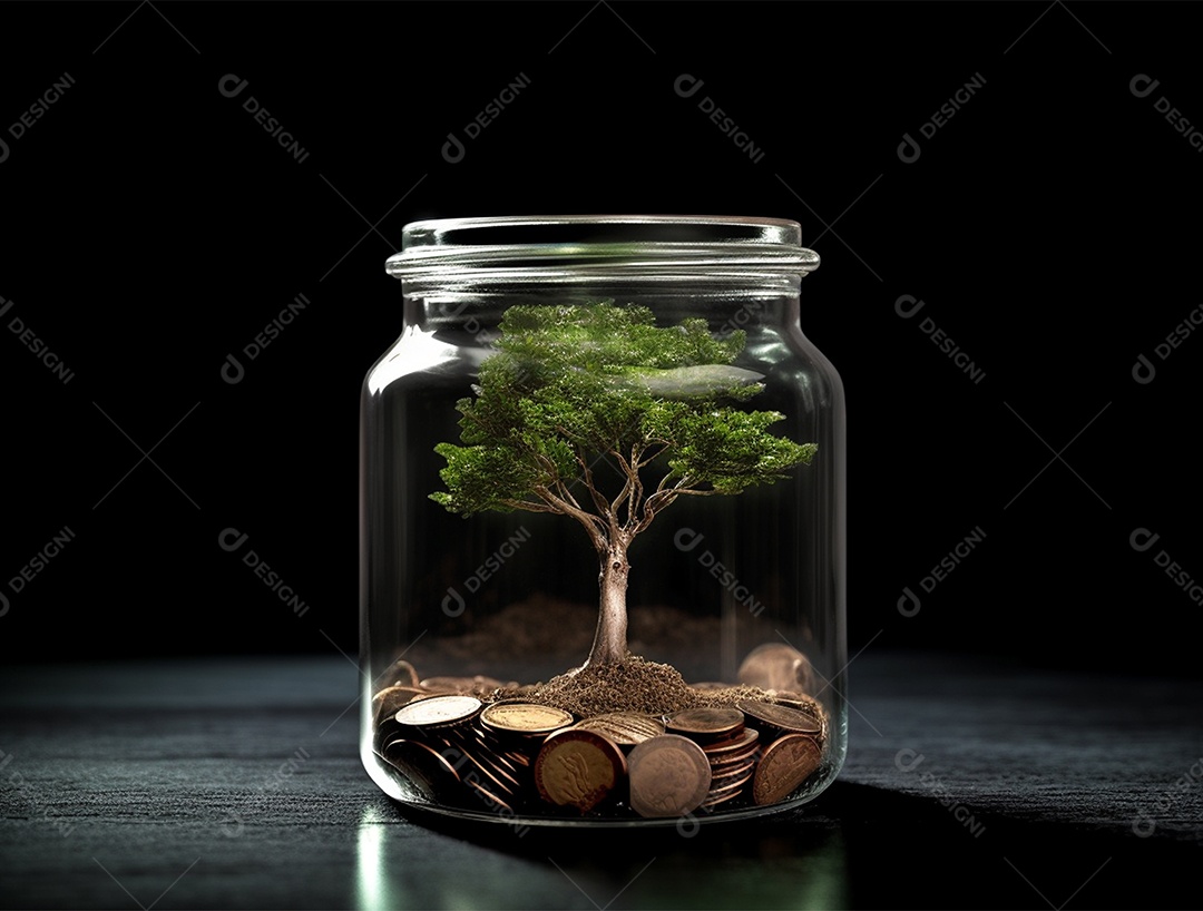 Moedas e bonsai dentro de um Frasco de vidro.