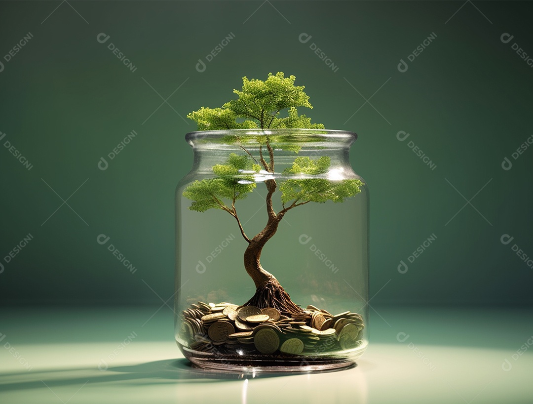 Moedas e bonsai dentro de um Frasco de vidro.