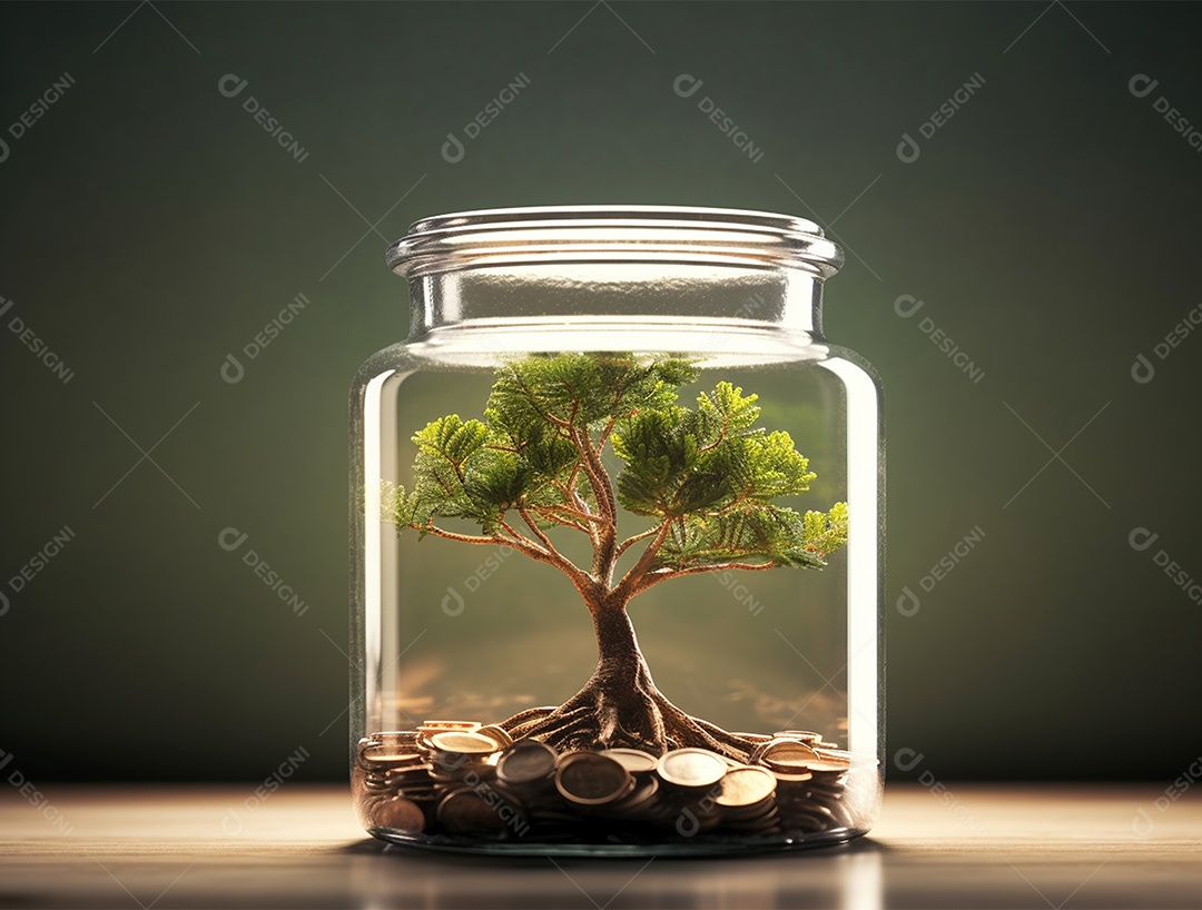 Moedas e bonsai dentro de um Frasco de vidro.