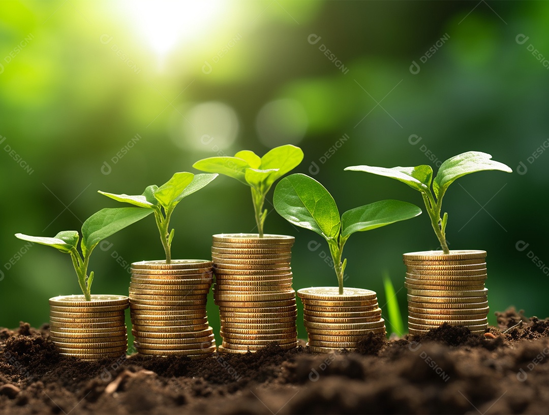 Mudas crescendo sobre pilhas de moedas.