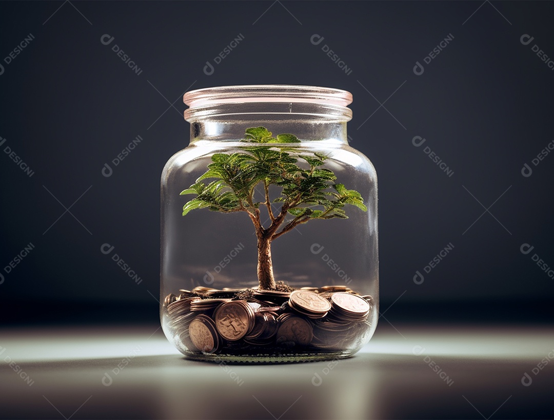 Moedas e bonsai dentro de um Frasco de vidro.
