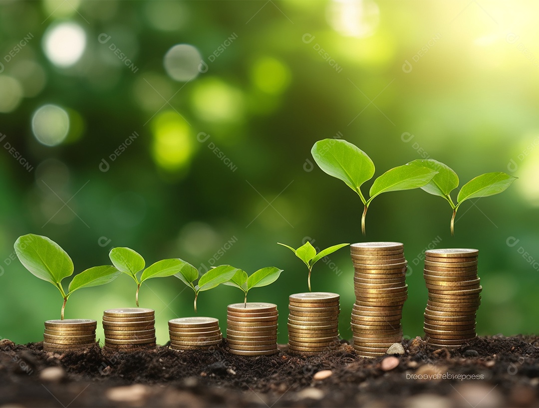 Mudas crescendo sobre pilhas de moedas.