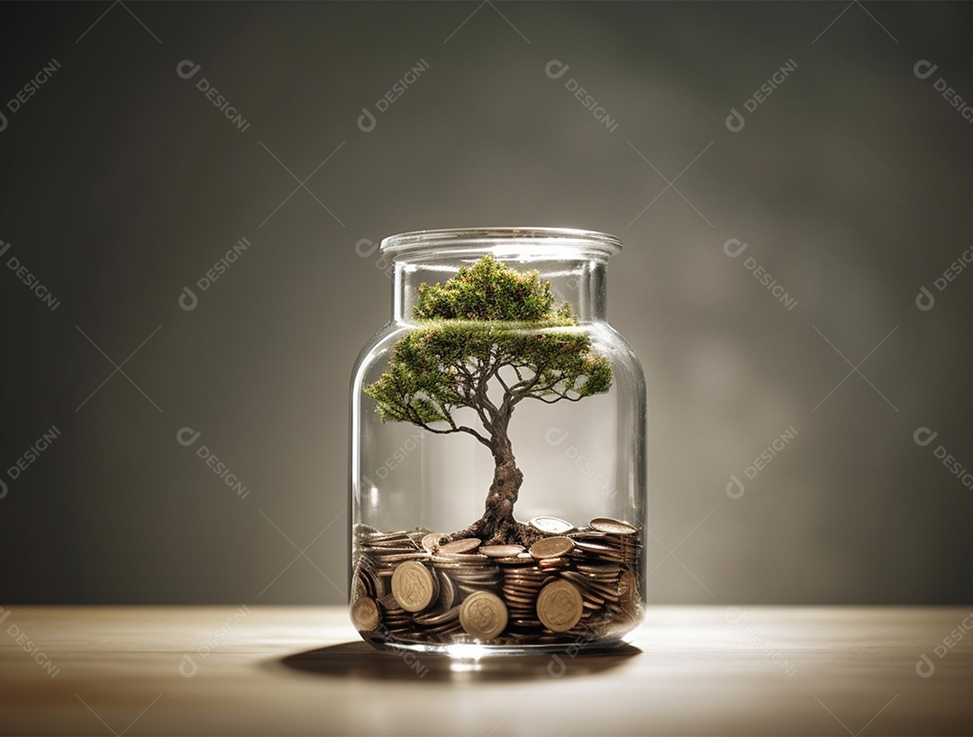 Moedas e bonsai dentro de um Frasco de vidro.
